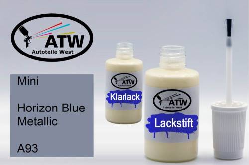 Mini, Horizon Blue Metallic, A93: 20ml Lackstift + 20ml Klarlack - Set, von ATW Autoteile West.